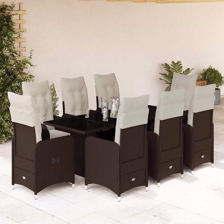 vidaXL Set Bistrò da Giardino 9 pz in Polyrattan Marrone con Cuscini e Tavolo in Vetro
