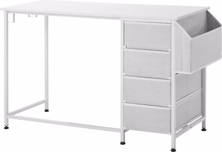SucceBuy scrivania per computer scrivania per ufficio (piano 120 x 50 cm), scrivania da lavoro moderna con cassetti in tessuto, portata 99 kg e ganci portaoggetti per ufficio, studio o soggiorno, bianco