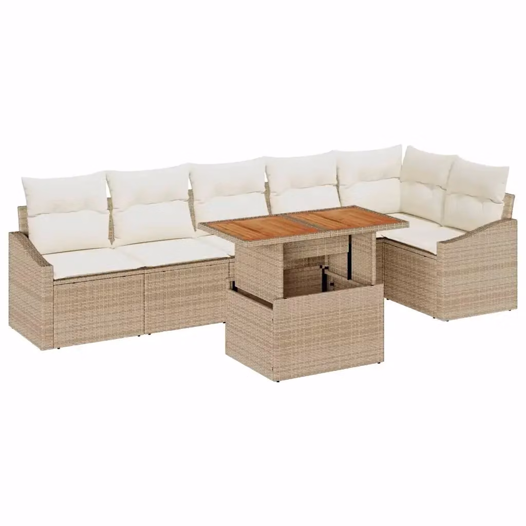 Set Divano da Giardino vidaXL 7 Pezzi a Forma di L con Tavolino, Colore Beige e Marrone, Struttura in Metallo e Polyrattan con Cuscini Inclusi – 2