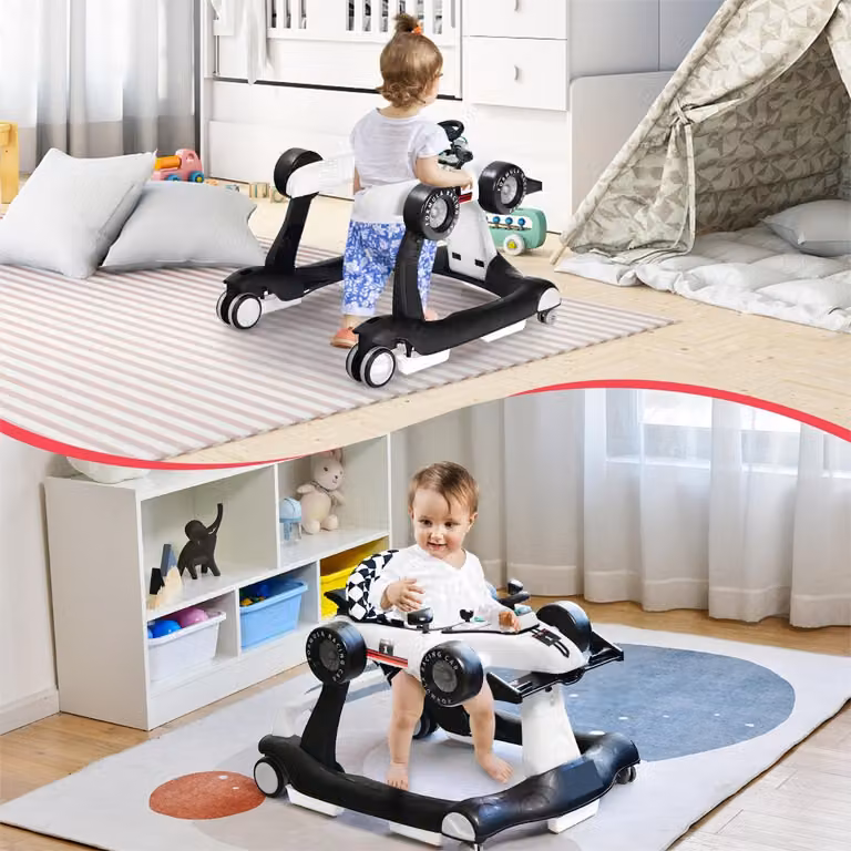 Costway Deambulatore 4 in 1 per neonati con altezza e velocità regolabili, carillon con luci, Bianco