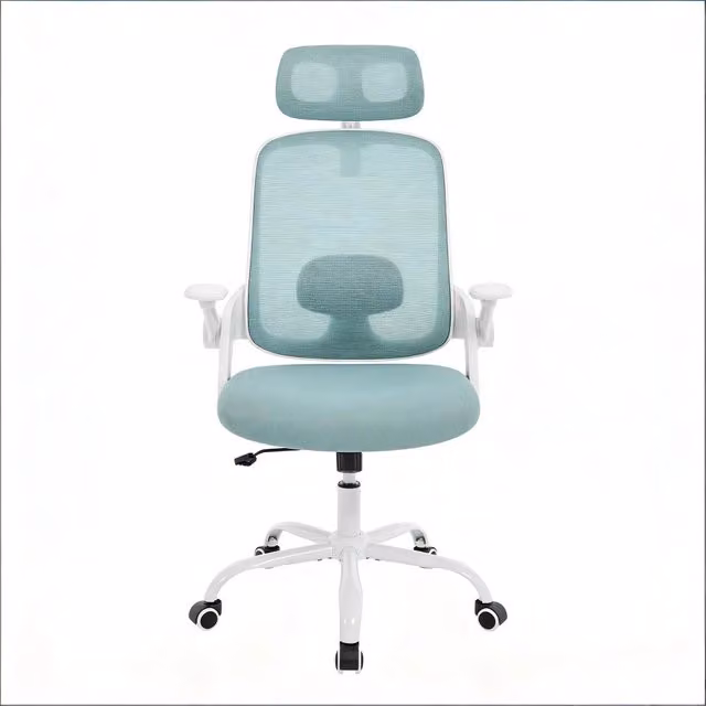 Sedia da ufficio ergonomica con schienale alto, supporto lombare e braccioli regolabili in rete e metallo blu