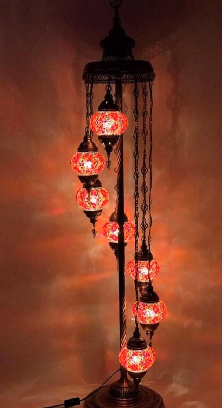Lampada da terra turca fatta a mano con 7 sfere di vetro colorate rosse - lampada da terra orientale alta 160 cm