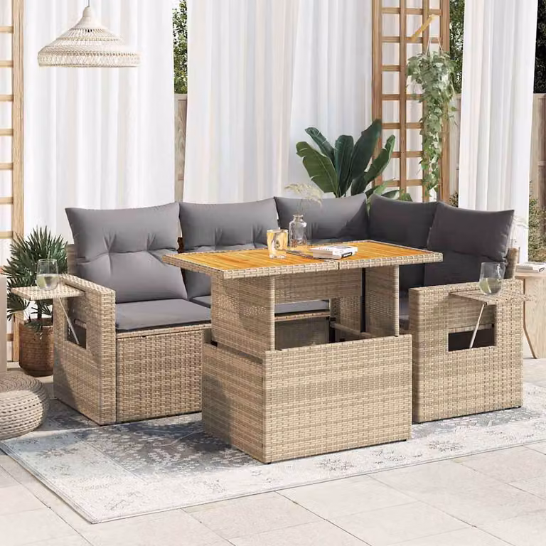 Set Divano da Giardino vidaXL 5 pz in Polyrattan con Cuscini Beige e Tavolino da Esterno a Forma di L