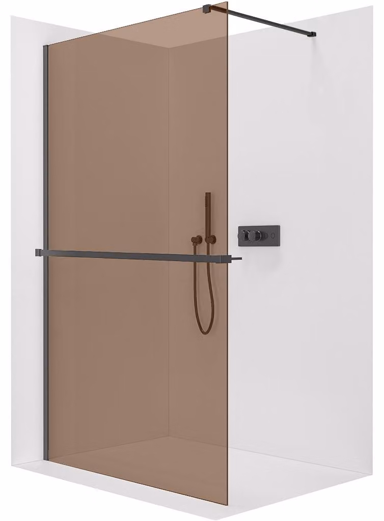 Pannello doccia angolare Walk-in Onyx Cube, versione sinistra/destra - vetro da 8 mm + ripiano/portasciugamani - struttura quadrata - nero opaco, vetro bronzato - 50x200 cm