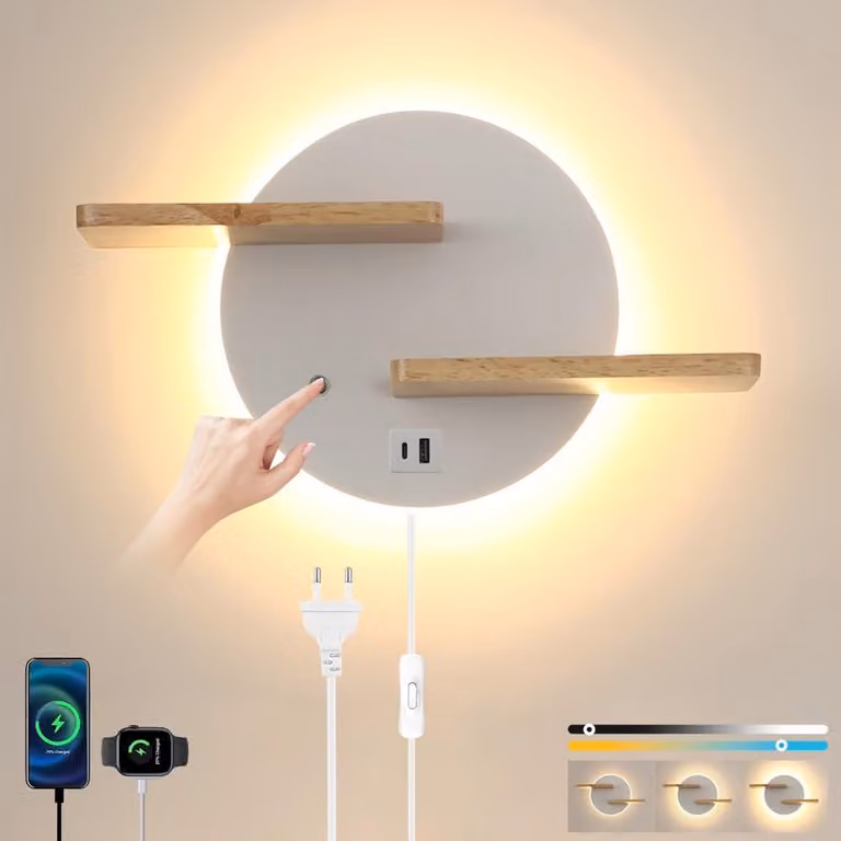 Lampada da parete KZT con porta USB, lampada da parete con controllo touch, dimmerabile, ideale come lampada da lettura, da montare a parete, con spina e cavo, 15W, adatta come lampada da comodino, illuminazione per camere da letto, soggiorni e camerette,