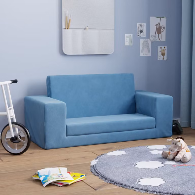 vidaXL Divano Letto per Bambini a 2 Posti Blu in Morbido Peluche L: 84 cm, P: 38 cm, H: 25 cm