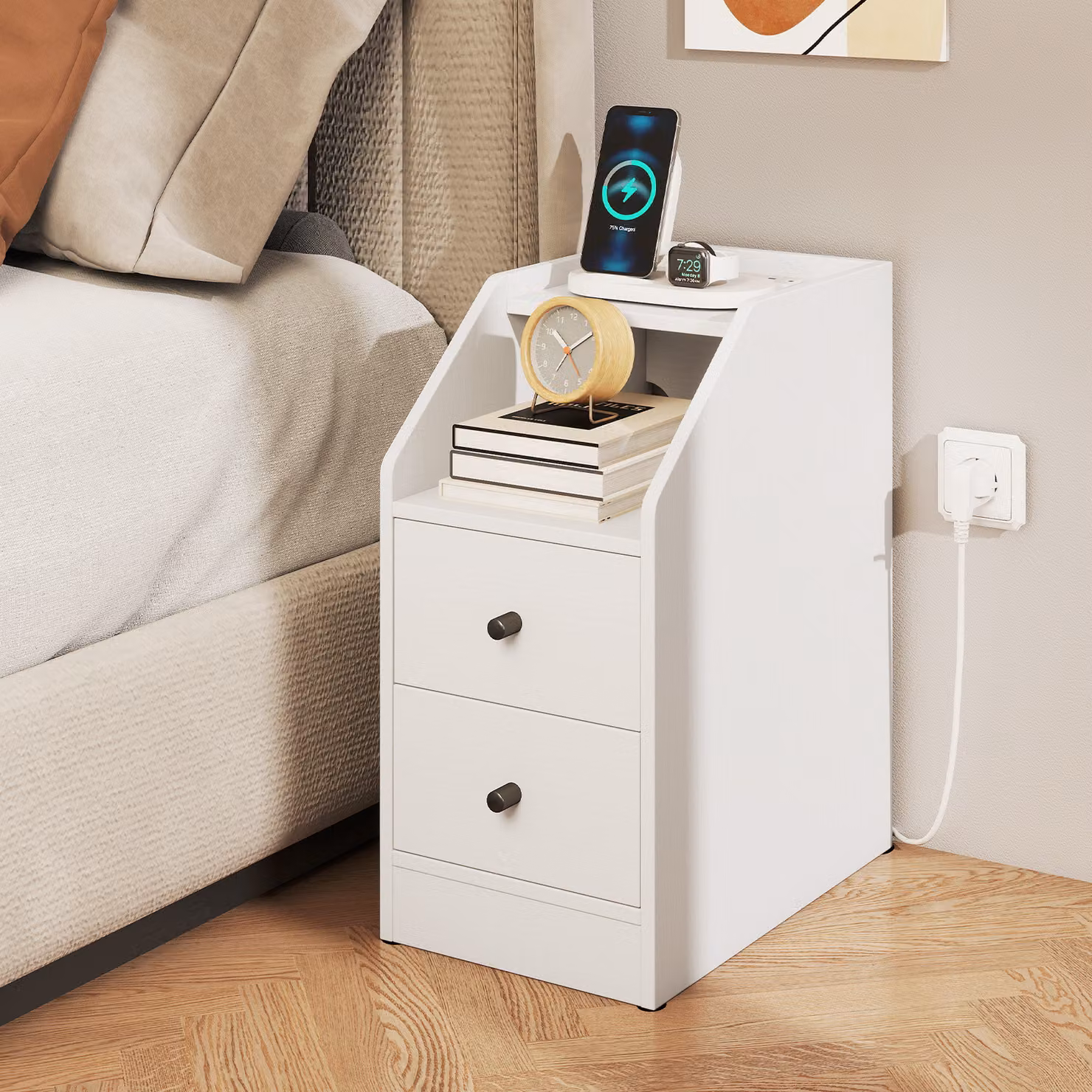Comodino Costway moderno bianco con stazione di ricarica e 2 cassetti per camera da letto