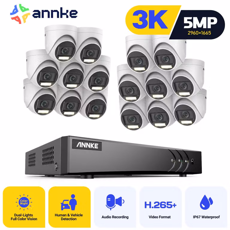Sistema di videosorveglianza: DVR a 16 canali, 16 telecamere da 5 MP, capacità di archiviazione di 2 TB, resistente all'acqua per uso esterno