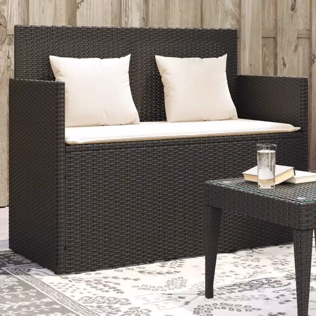 Panca da giardino moderna vidaXL in polyrattan con cuscini neri e bianchi L: 110,0 cm, P: 50,0 cm, H: 90,5 cm