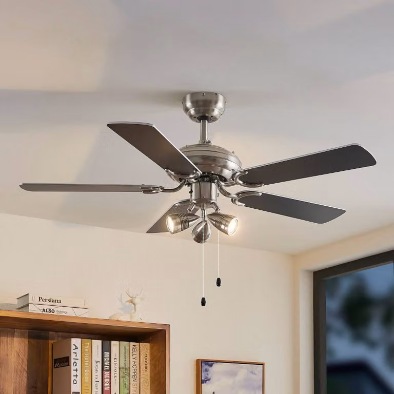 Ventilatore da soffitto Lindby con luce Anariki, silenzioso, argento Anariki, Cromo / Argento, Soggiorno / Sala da pranzo, Metallo, Campagna / Rustiche