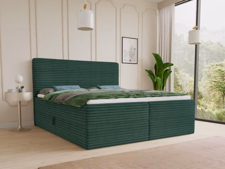 Letto boxspring Mollo con 2 cassetti, letto matrimoniale con materasso Bonell e topper, letto imbottito in morbido velluto a coste, letto, letto box, struttura letto per camera da letto (verde (Tilia 39), 160 x 200 cm)
