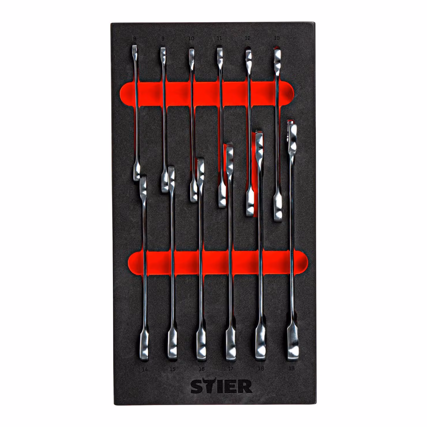 Set di chiavi a cricchetto aperte STIER, SW 8 - 19 mm, in acciaio al cromo vanadio, 12 pezzi, con inserto in morbida schiuma (EVA), lunga durata e resistenza, con etichette di ricerca rapida