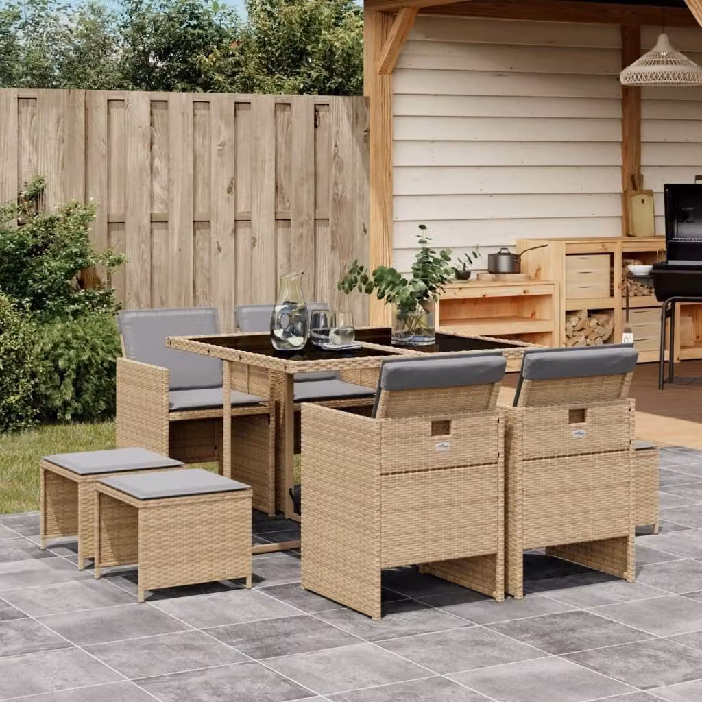Maison Exclusive - Set Pranzo da Giardino 9 pz con Cuscini Beige Misto Polyrattan