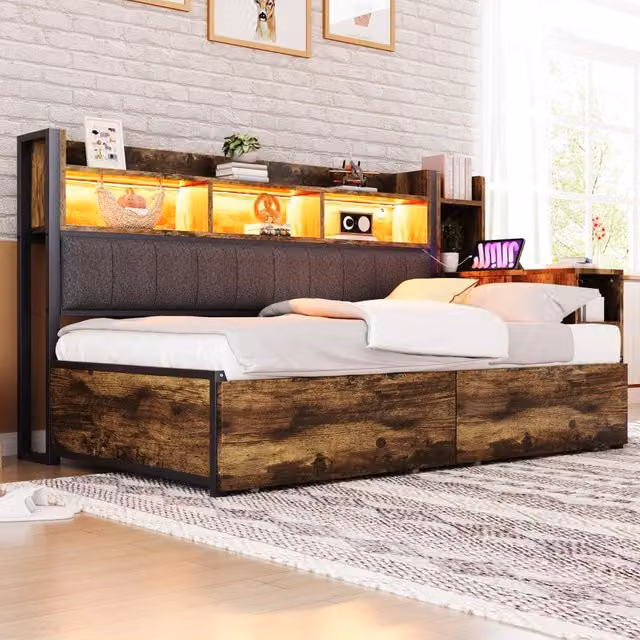 Letto divano singolo 90 × 200 cm con scrivania estraibile, prese integrate, vani e 2 cassetti, senza materasso