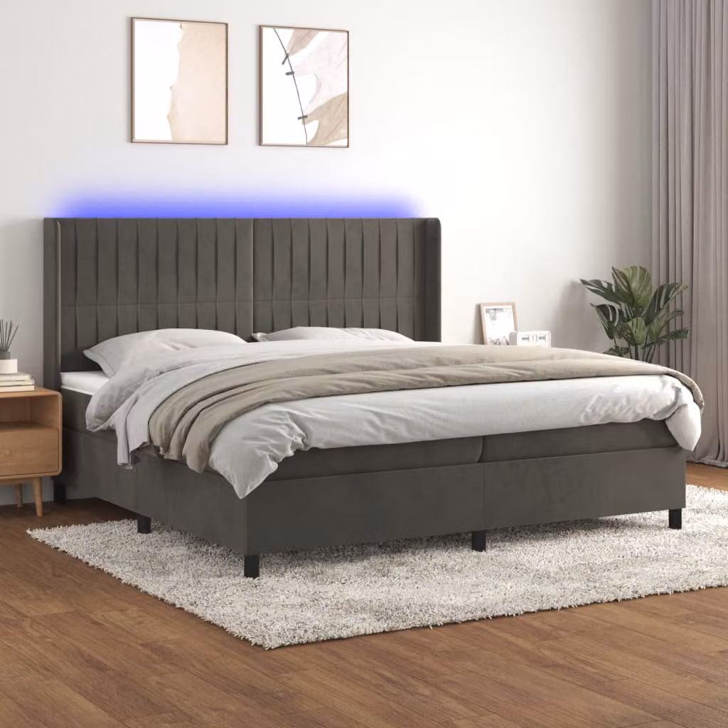 vidaXL Letto Ibrido con Materasso e Illuminazione LED, Rivestimento in Velluto Grigio e Bianco, L/P: 200 x 200 cm – 1