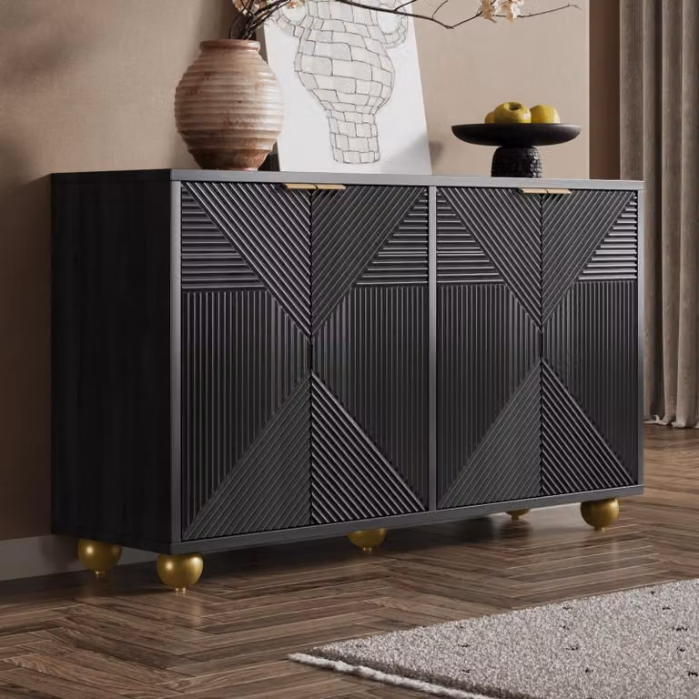Credenza STILVORA con 4 ante sagomate, mobile di servizio con ripiani interni regolabili e maniglie in metallo, credenza con gambe a forma di sfera, nero