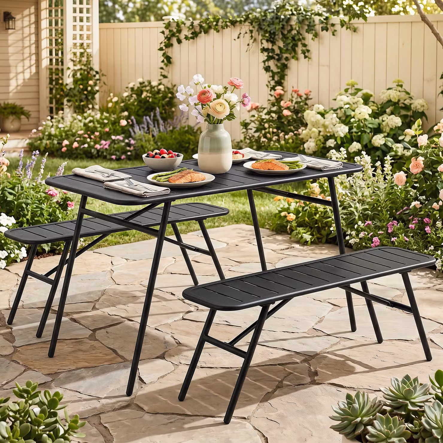 Set pranzo da giardino Costway composto da tavolo rettangolare e 2 panche in metallo nero opaco per esterno, balcone o terrazza