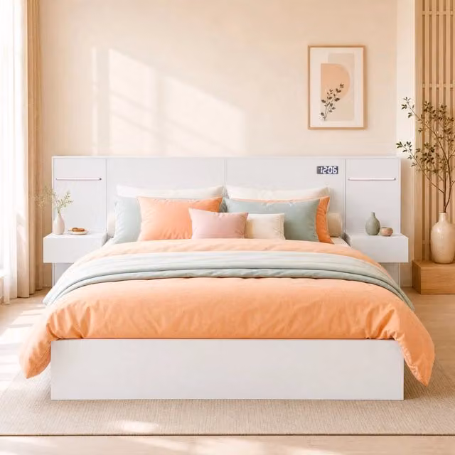 Letto matrimoniale 160x200 cm in MDF bianco con base a doghe, doppio comodino e porte USB integrati