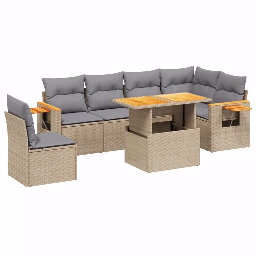 vidaXL Set Divani da Giardino 7 pz in Polyrattan con Cuscini Beige e Tavolino da Caffè Moderno – 2