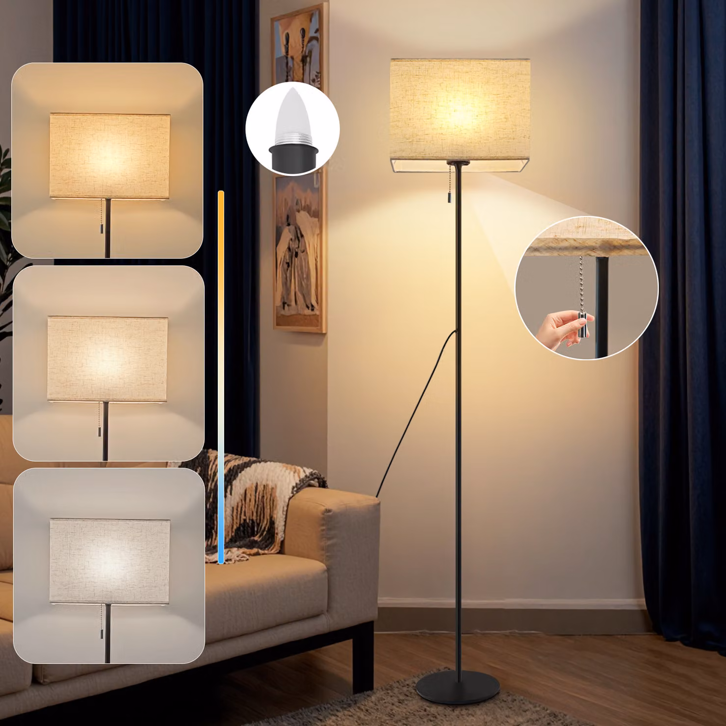 ZMH lampada da terra in tessuto soggiorno lampada da terra vintage lampada da terra LED dimmerabile lampada da terra 134cm lampada da terra paralume beige lampada da soggiorno interruttore a tirante