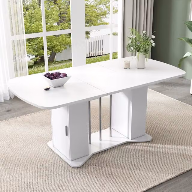 Tavolo da pranzo allungabile REDOM in MDF bianco e argento con piano rettangolare e angoli arrotondati