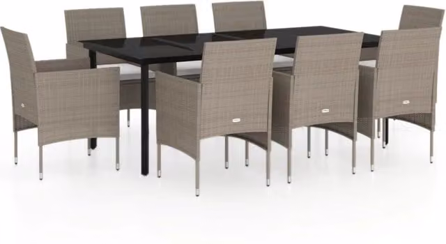 Set da pranzo da esterno Outsunny in polyrattan con piano in vetro e 9 pezzi, colori beige e nero