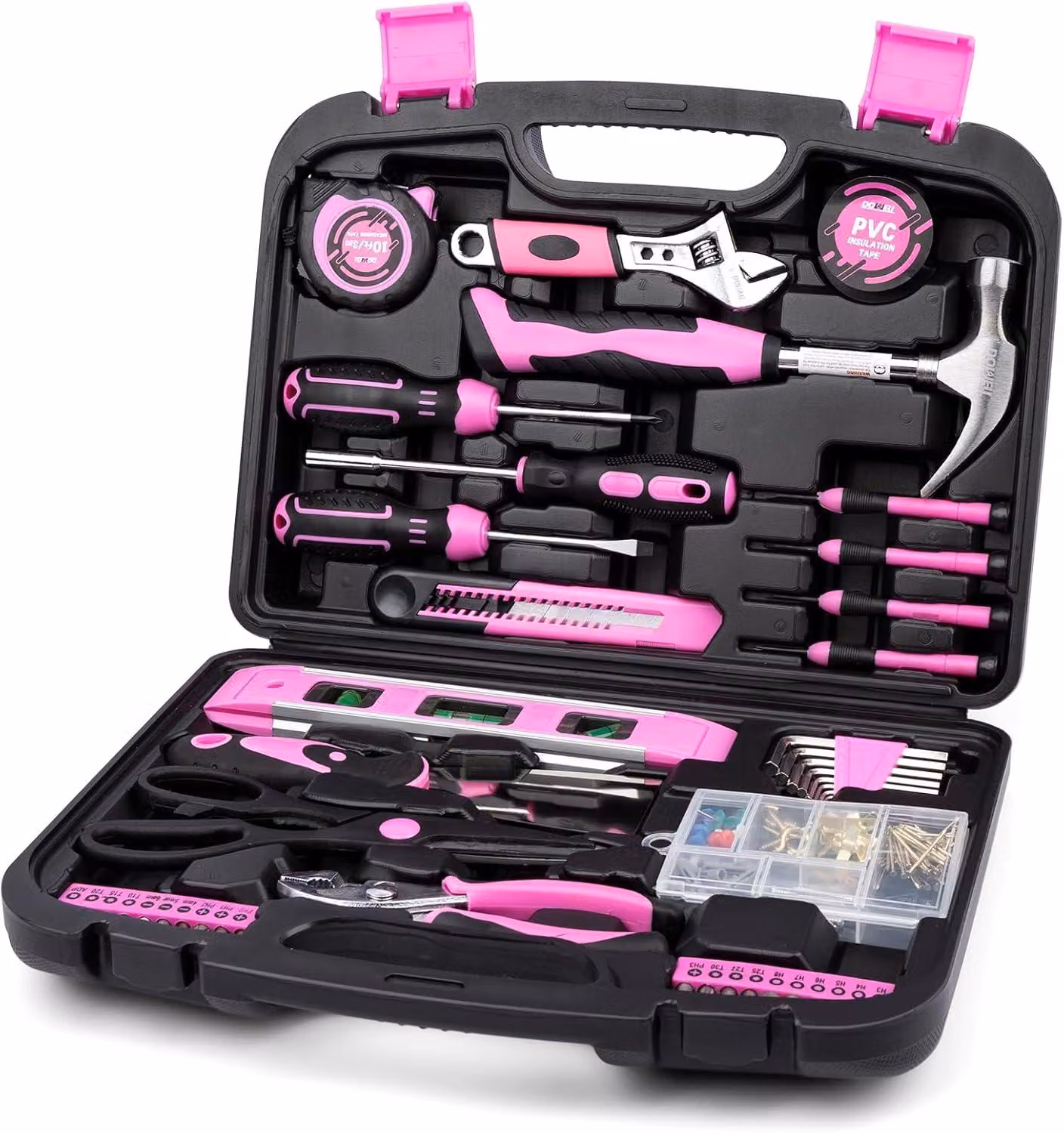 Set di 145 utensili per uso domestico, con custodia porta-attrezzi – Set completo di utensili manuali, inclusi martello e pinze