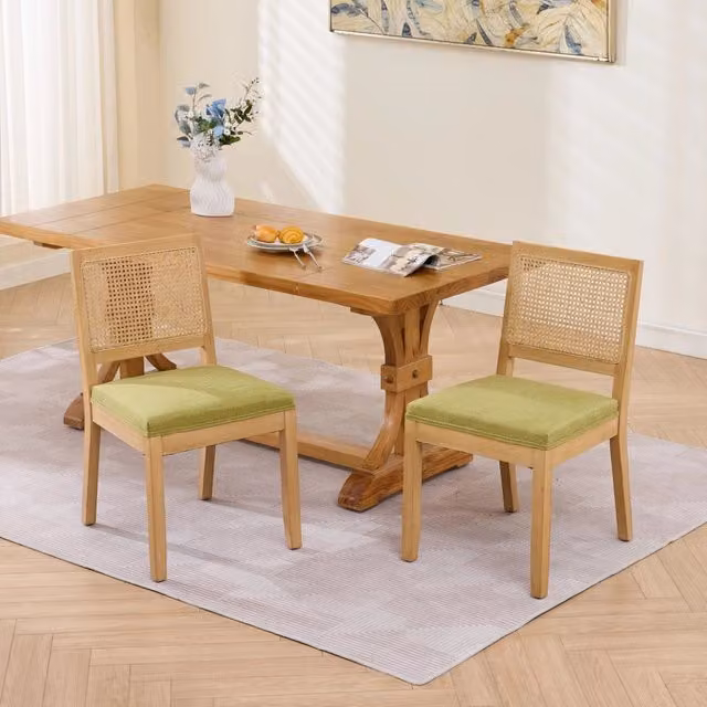 Set di 2 sedie da pranzo Singularty in stile mid-century con schienale in vimini, struttura in legno naturale e seduta imbottita in tessuto verde