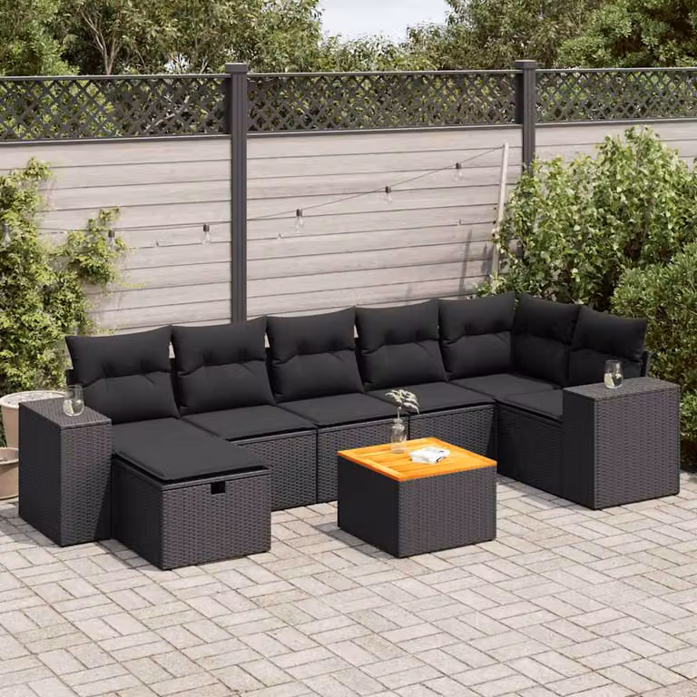 Set Divani da Giardino vidaXL a Forma di L in Polyrattan con Cuscini e Tavolino, 8 Pezzi, Nero e Marrone