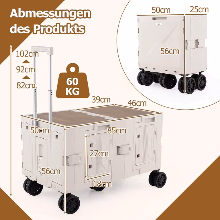 Carrello pieghevole con piano d'appoggio, 2 contenitori portaoggetti, maniglia regolabile