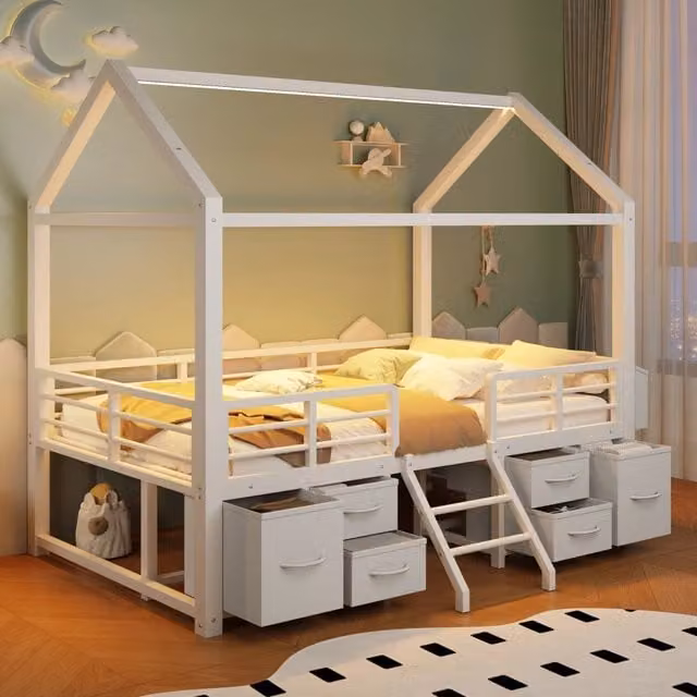 Desviae Letto a soppalco per bambini 90 × 200 cm con tetto a casetta LED cassetti in tessuto metallo e MDF bianco