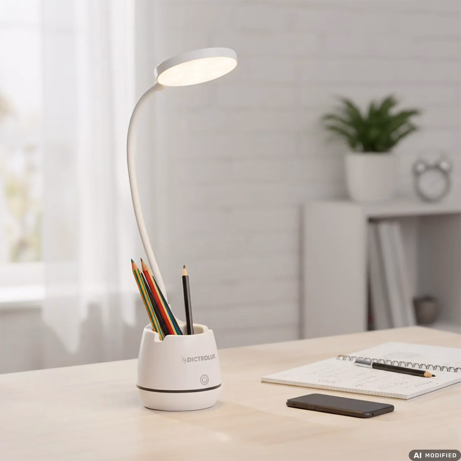 Dictrolux Lampada da Scrivania LED con Portapenne e Stand per Smartphone con Ricarica USB, Dimmerabile e Regolabile, Bianca o Nera – 2