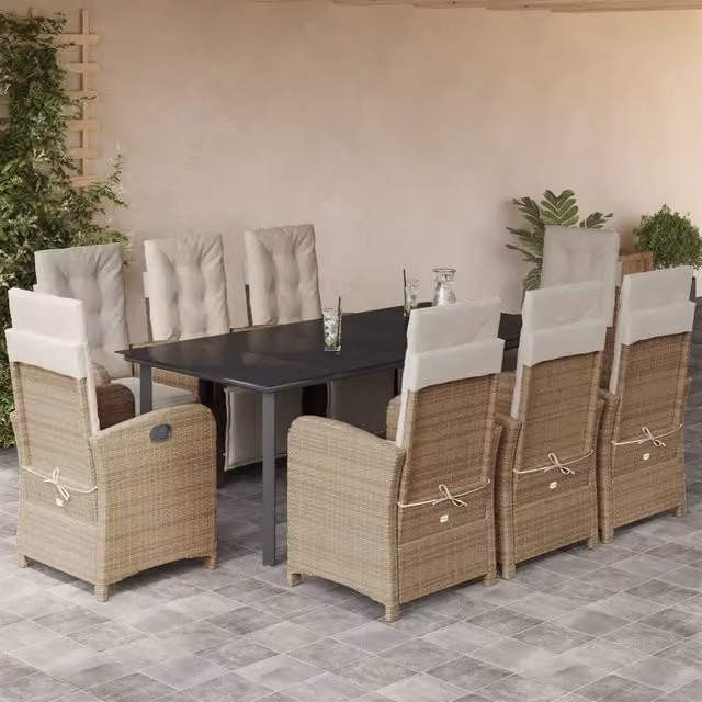 Set da pranzo da giardino vidaXL in polyrattan con cuscini beige e tavolo in vetro, 9 pezzi