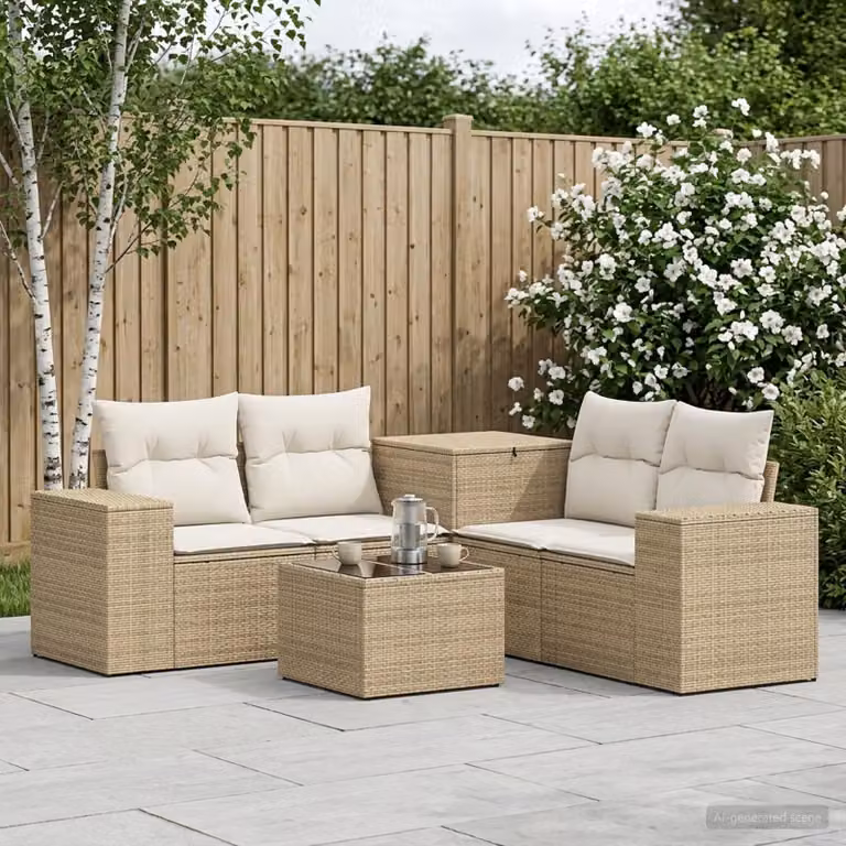 Set di divani da giardino vidaXL in polyrattan beige e bianco crema con tavolo da caffè e cuscini inclusi