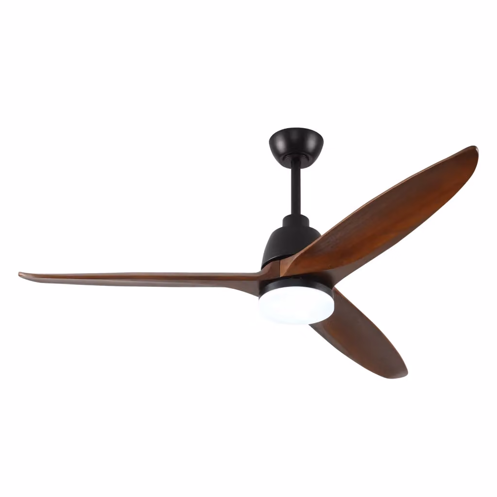 Ventilatore da soffitto Minimal con luce e telecomando, 56 pollici, tre pale in legno massello, reversibile, 6 velocità e funzione memoria, disponibile in marrone o nero – 2