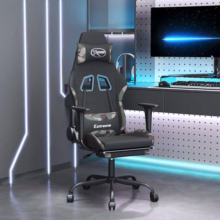 Sedia da Gaming vidaXL con Poggiapiedi, Tessuto, Nero e Verde Mimetico, Ruote e Braccioli