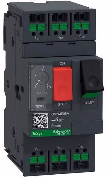 Interruttore di protezione motore Schneider GV2ME08A 3 poli 2,5-4 A, azionamento a pulsante, SnapIN