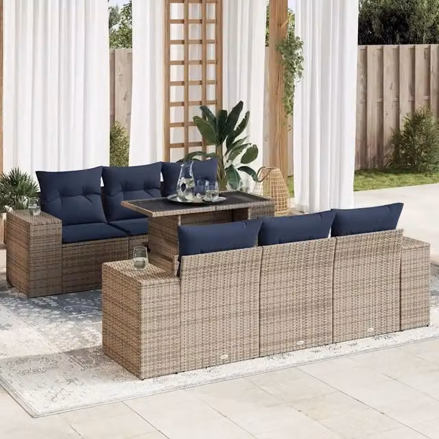 Set da giardino moderno vidaXL composto da 7 pezzi con poltrona ad angolo e tavolino da caffè in polyrattan grigio e blu con cuscini inclusi