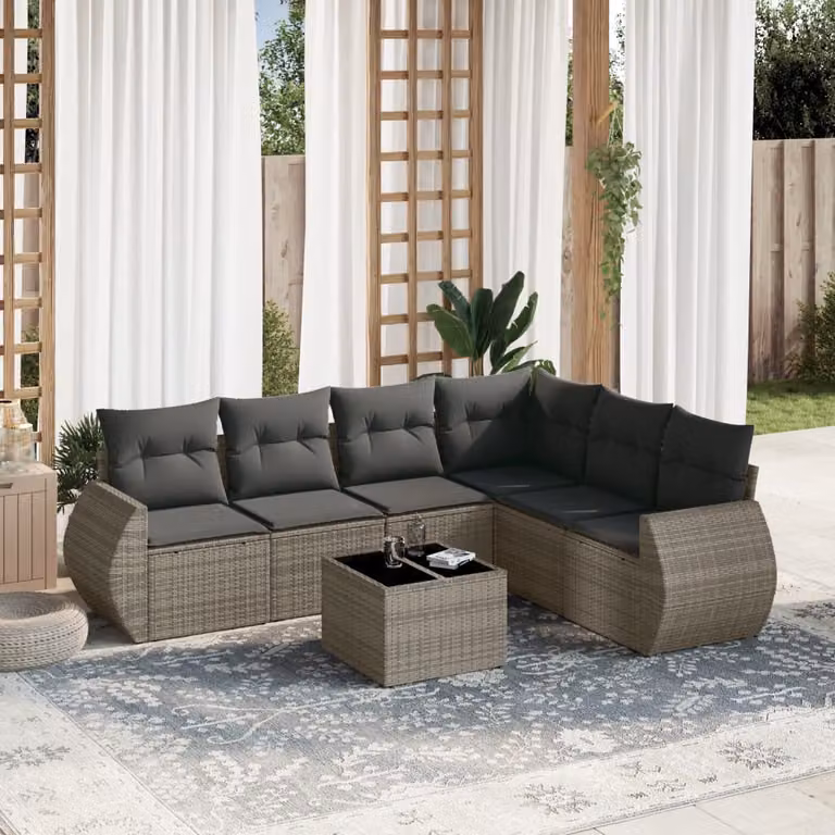 Set di Divani da Giardino vidaXL 7 Pezzi con Tavolino e Cuscini Grigio in Polyrattan e Acciaio