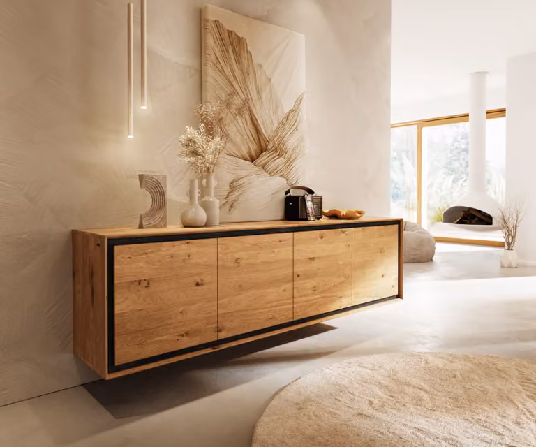 Mobile contenitore DELIFE modello Stonegrace, 200 cm, finitura noce naturale, 4 ante, impiallacciatura effetto pietra, design sospeso