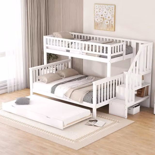 Letto a castello 90 × 200 cm e 140 × 200 cm con letto estraibile, mensole e scala, senza materasso, in pino bianco