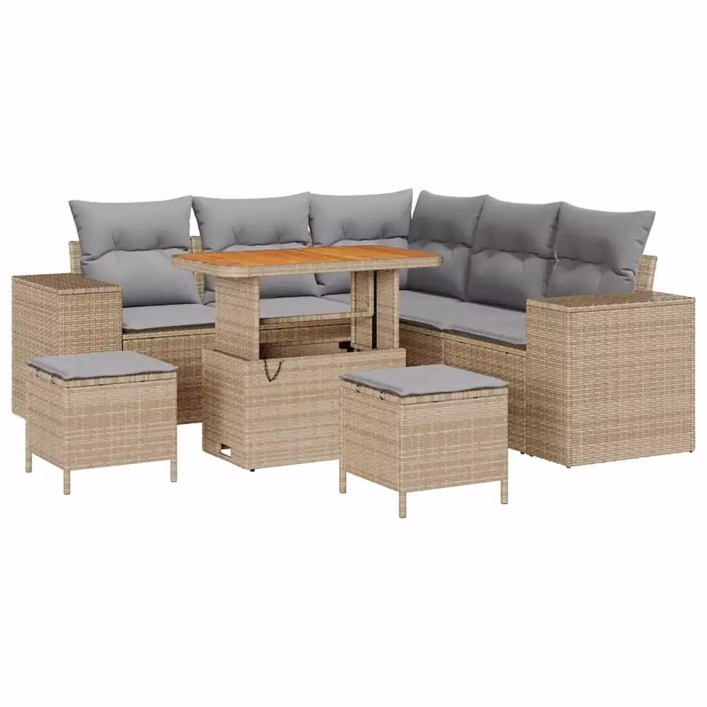 Set Divano da Giardino a L vidaXL 8 pz Beige con Cuscini e Tavolino in Polyrattan e Acciaio – 2