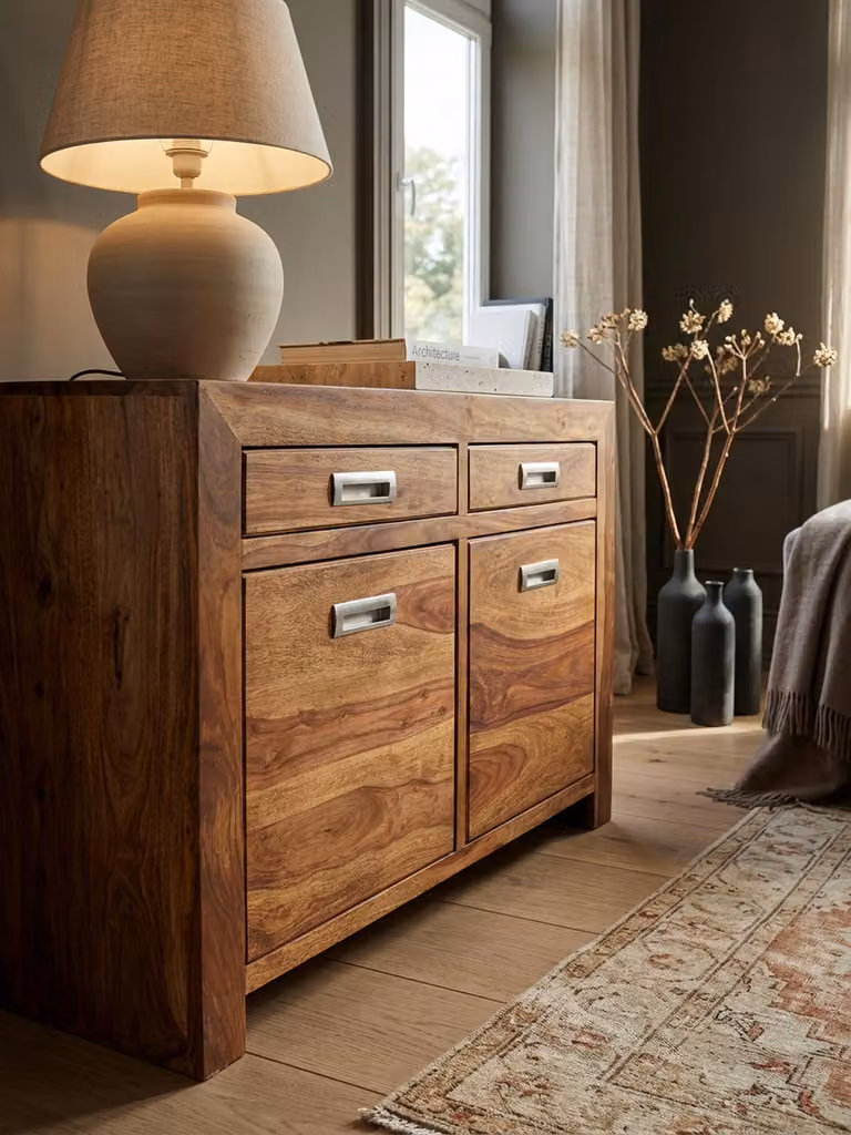 Credenza MUMBAI in legno massello di sheesham Comò 90 cm 2 cassetti 2 ante Design Highboard Stile rustico marrone naturale