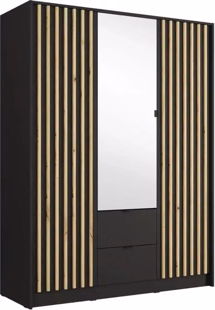 Armadio TORVIK 3 porte con specchio, cassetti e listelli nero e rovere 150 cm