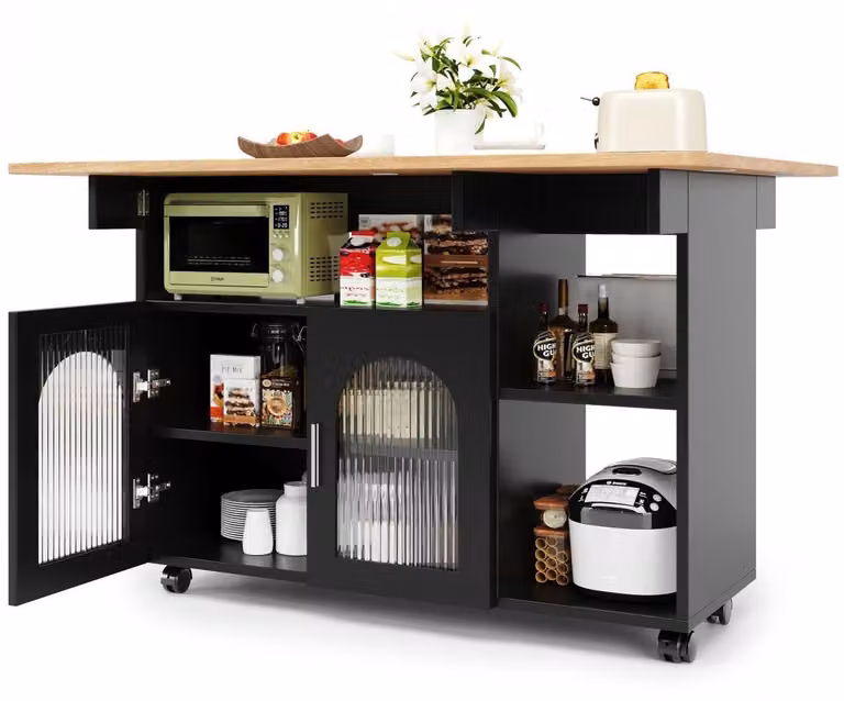 Isola da cucina con ruote e piano ribaltabile, colore nero, dimensioni 120x30x79,5 cm