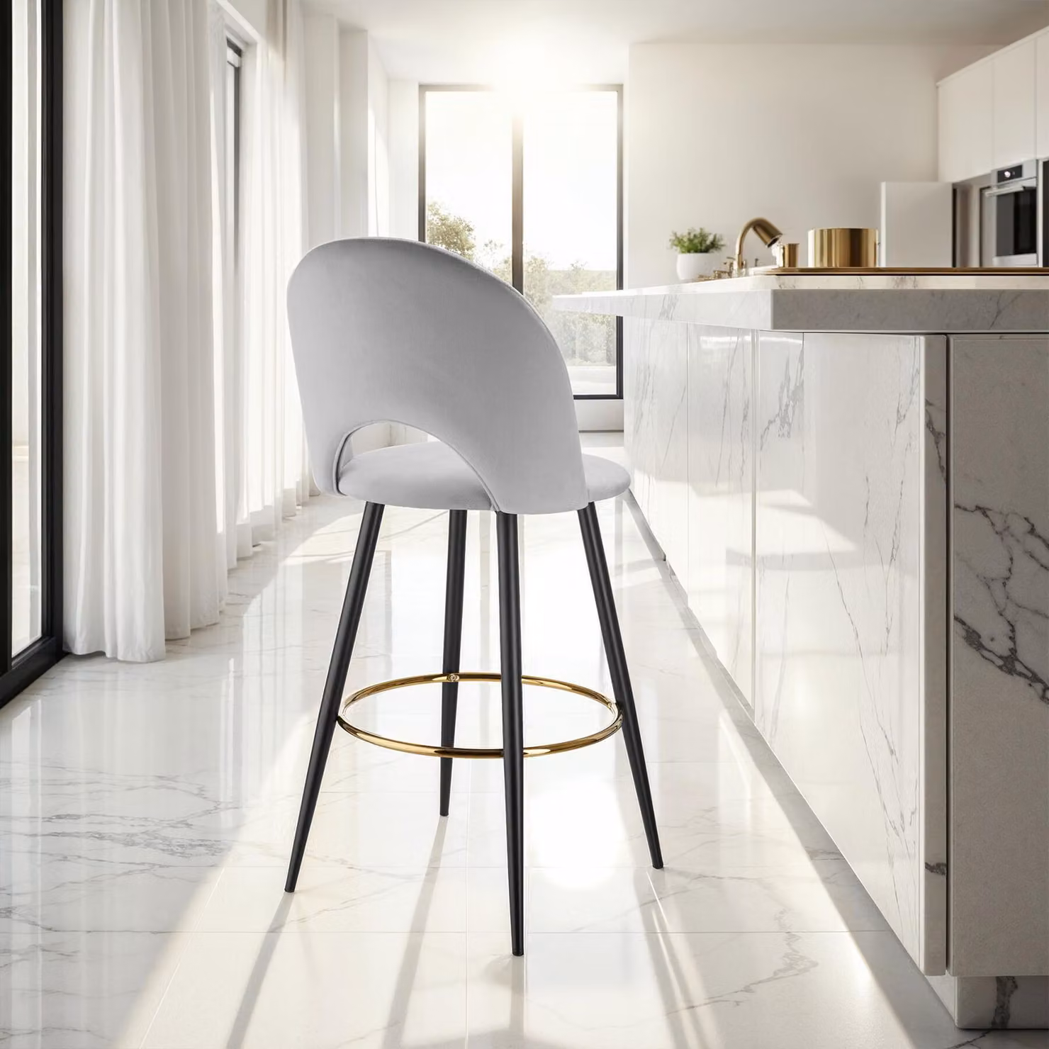 Set di 2 sgabelli Sachel con schienale TecTake in velluto grigio chiaro e nero per cucina e sala da pranzo – 3