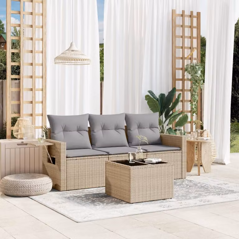 Set Divano da Giardino vidaXL 4 pz in Polyrattan Beige con Cuscini e Tavolino da Esterno