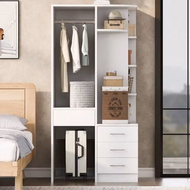Armadio Moderno Bianco e Marrone con Ante a Battente, Ripiani e Cassetti Interni in MDF per Camera da Letto L: 70 cm, P: 55 cm, H: 175 cm