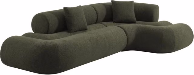 Divano angolare destro SWEEEK in bouclé testurizzato verde con cuscini coordinati e coperture rimovibili