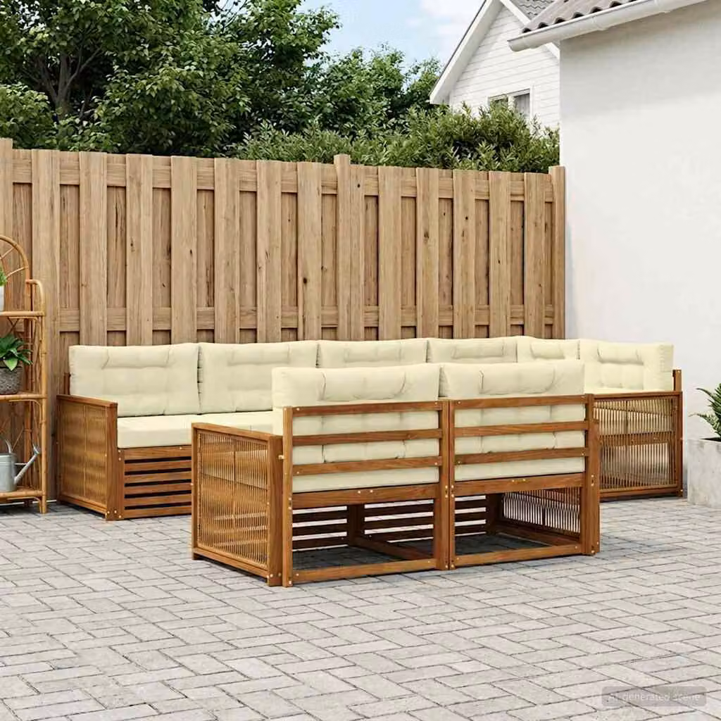 Set di divani da esterno vidaXL 7 pz in legno di acacia con cuscini, design moderno a L, colori beige, bianco e marrone